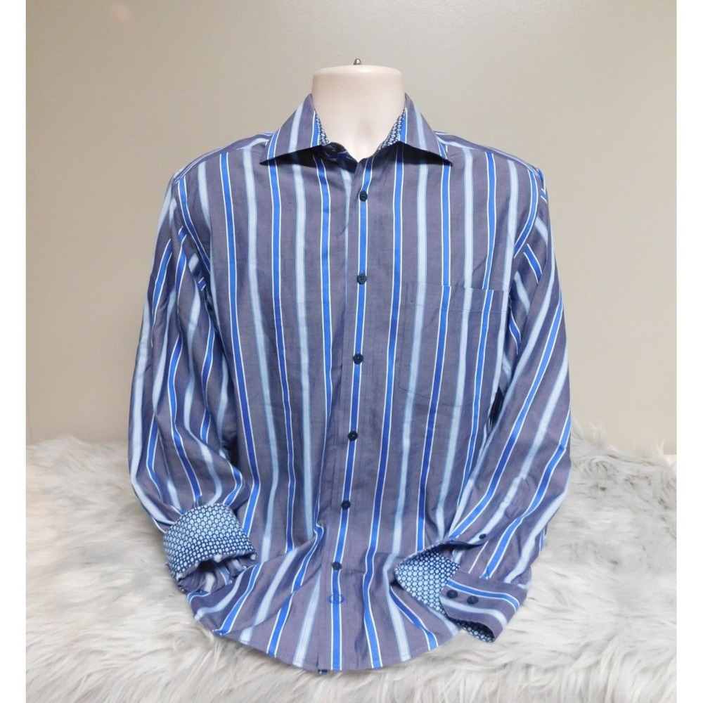 Bugatchi‎ Uomo Mens Button Front Shirt Blue Stripe Long Sleeve Medium